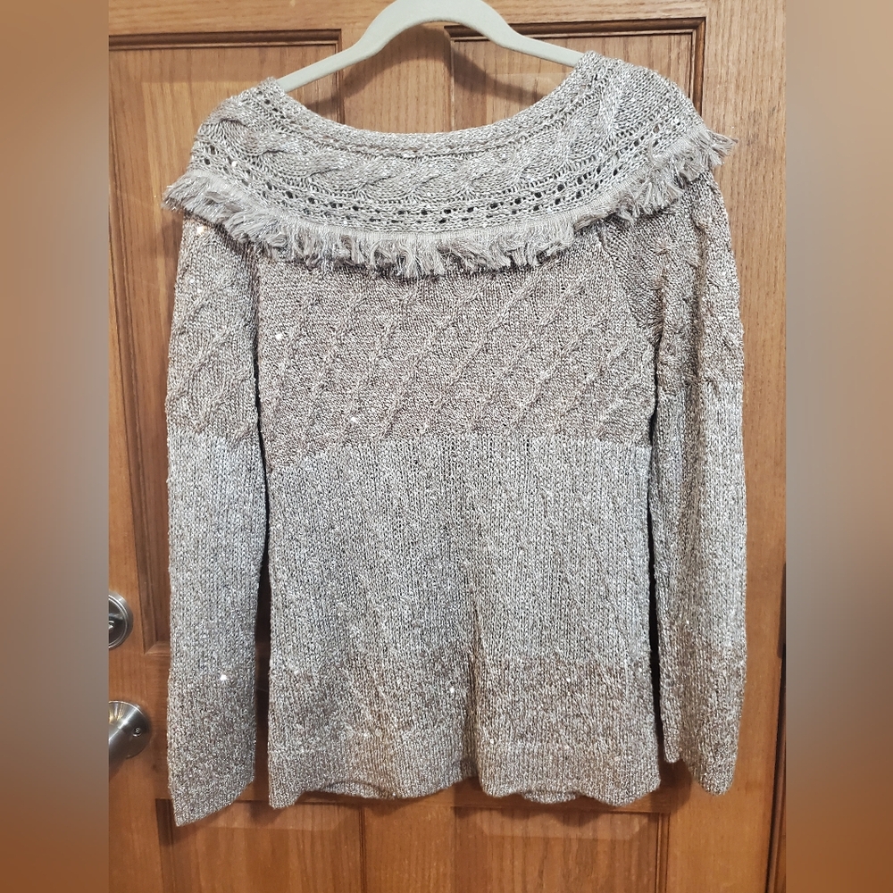 White House Black Market Fringe Sequin Metallic Colorblock Sweater Size M - Picture 3 of 8